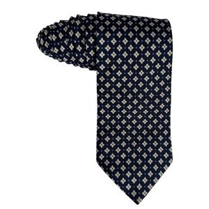 Brooks Brothers Mens Silk Tie Navy Blue Geometric Medallion Made in USA